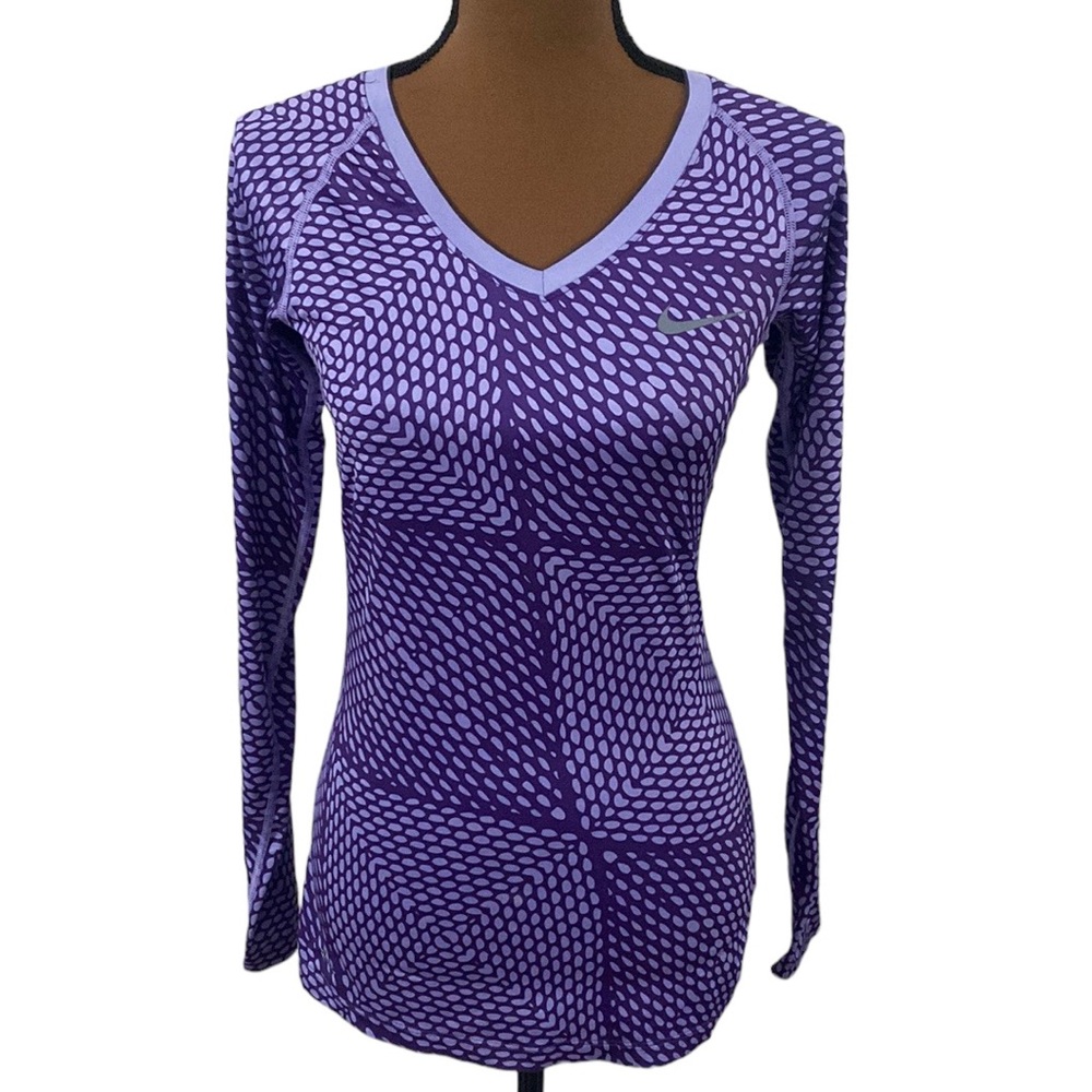 Nike Pro athletic purple printed fitted v-neck performance long sleeve top sz S